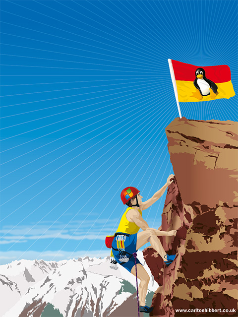 Linux versus Windows - Linux Format cover illustration Climbing illustration